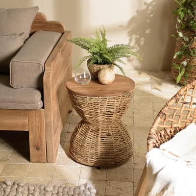 Image de SIXTINE - Tabouret marron assise en bois de teck recyclé