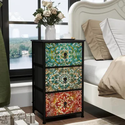 Image de Commode avec 3 tiroirs en tissu, motif bohème, dimensions : 42 x 30 x 72 cm