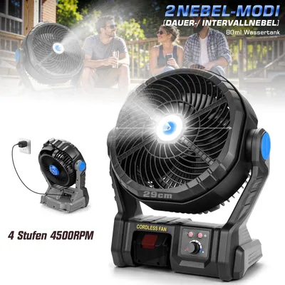 Obrázek produktu pro 29cm Ventilátor 2-v-1 (baterie / napájení ze sítě), stojanový ventilátor se sprejem, LED osvětlení, háček, vhodný pro baterie Makita, stolní ventilátor pro stavby, dílny, kempování