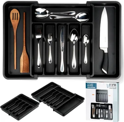 A cutlery drawer organizer with various utensils and a knife, along with packaging for the organizer.