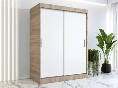 Produktbild von FurMeb24 Schiebetrenschrank GOLD -150x200cm 2-triger Kleiderschrank Ohne Spiegel, Schiebeschrank - (Sonoma Eiche + Weiss)