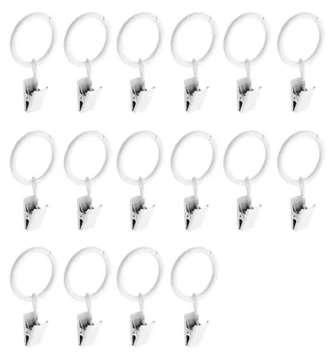 Obrázek produktu pro Sada 14 kroužků na závěsy s klipy, bílá barva, ocel, průměr 1,6 až 1,9 cm