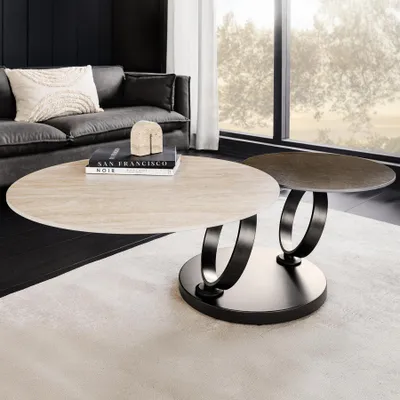 Produktbild von riess-ambiente Design Couchtisch DANCING RINGS rost rund drehbar Travertin Keramik schwarzes Gestell
