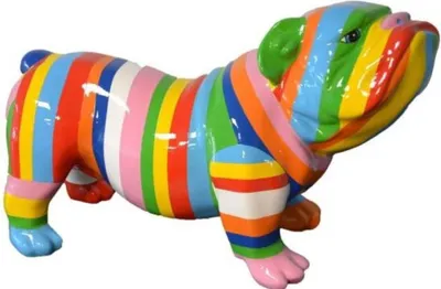 Produktbild von Casa Padrino Designer Dekofigur Hund Bulldogge Mehrfarbig Gestreift 55 x H. 32 cm - Wetterbeständige Deko Skulptur - Wohnzimmer Deko - Garten Deko - Designer Deko