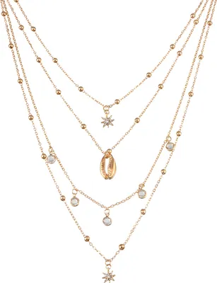 Produktbild von Bohemia Layered Choker Halskette Hexagramm Muschel Halskette Kristall Choker Strass Charm Anhänger Halskette Mehrschichtige Retro Kette für Frauen Mädchen