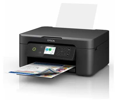 A black Epson Expression Home XP-4200 printer is shown from a front-side angle, with a sheet of paper feeding out of the bottom and another sheet in the top feeder.