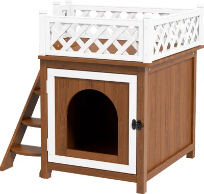 Produktbild von Katzenhaus, zweistöckig, mit Balkon und Treppe, für drinnen und draußen, für Katzen und Kaninchen, Tannenholz, Braun