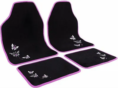 Produktbild von WOLTU Autofußmatten-Set mit 4 Matten, Stickerei Schmetterling, Teppichmaterial : Rosa Farbe: Rosa