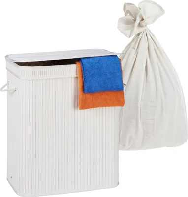Produktbild von Relaxdays Wäschekorb mit Deckel, 2 Fächer, Bambus, 100 l, faltbar, HxBxT: 60 x 52 x 32 cm, Wäsche Sortiersystem, weiß