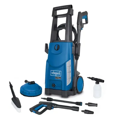 A blue and black pressure washer with various accessories laid out in front of it on a white background.
