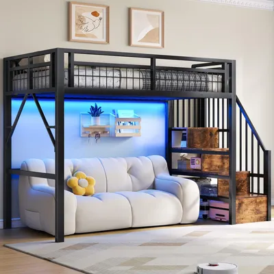 Produktbild von Merax Etagenbett Hochbett 90x200 cm, Metallbett Stockbett mit LED-Licht, Treppen mit Stauraum, Kinderbett, Jugendbett, Schwarz