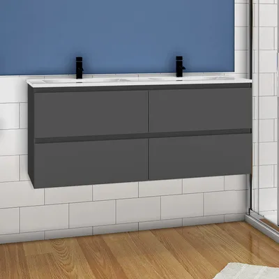 Produktbild von Waschtisch mit Unterschrank 120 cm Waschbecken Keramik mit Unterschrank Aalst-Matt Serie Dunkelgrau Matt