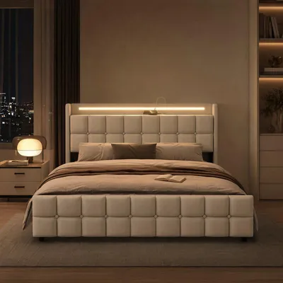 Produktbild von ProximaX Polsterbett 140x200 cm Beige mit RGB-LED, USB & 4 Schubladen Stauraum