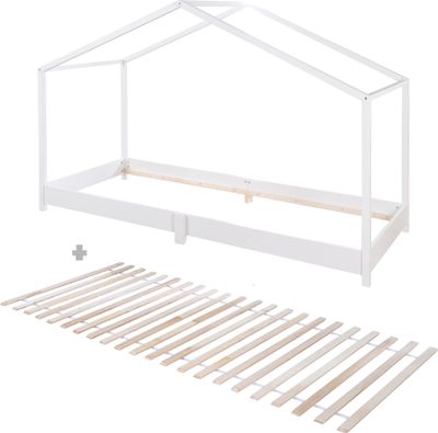 roba Hausbett 90 x 200 cm mit Lattenrost - Bodentiefes Kinderbett nach Montessori Prinzip - Erweiterbar mit Hausbettbezug - Holz weiß lackiert