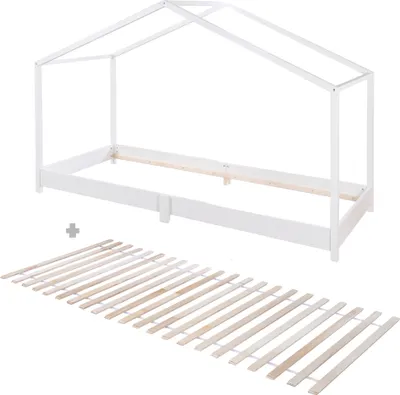 Immagine prodotto di Letto a casetta roba 90 x 200 cm con rete a doghe - Letto per bambini a terra secondo il principio Montessori - Espandibile con copriletto a casetta - Legno laccato bianco