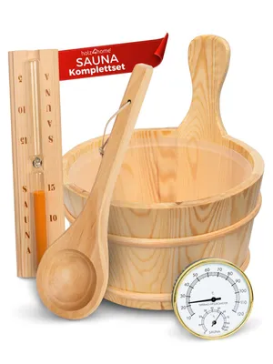 Produktbild von holz4home® Sauna Eimer Set I Hochwertiges Saunazubehör Eimer & Kelle Sanduhr Thermometer Hygrometer I Hitzebeständiges Sauna Set aus Holz Komplettset