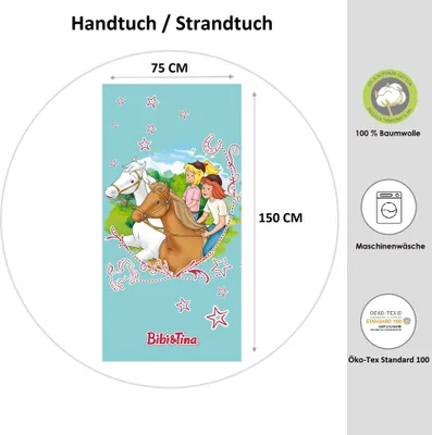 Produktbild von Bibi und Tina Strandtuch für Mädchen 75x150 cm großes Badetuch türkis Handtuch aus 100% Baumwolle