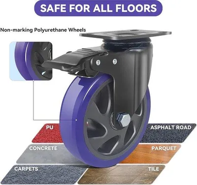 Obrázek produktu pro 125 mm těžká otočná kloubová kolečka s brzdami (sada 4 ks) včetně montážního příslušenství, transportní kolečka, těžká otočná kolečka, nábytková kolečka pro nábytek, vozíky, stoly, vnitřní i venkovní použití, kolečka s brzdami, 360° otočná kolečka do 800 kg
