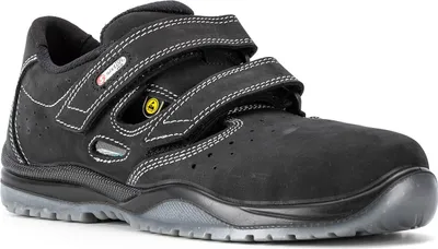 A black safety sandal with Velcro straps.
