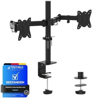 Productafbeelding van PromoHome® Dubbele monitorhouder, geschikt voor schermen van 13–32 inch – Hoogte verstelbaar – VESA 75x75 / 100x100 – Stalen monitorarm – Zwart