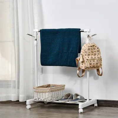 Produktbild von Rollbarer Garderobenständer höhenverstellbar, Kleiderständer mit Ablage & Seitenhaken, Metall, Weiß | 68,5 x 42 x 145 cm | 4 Rollen mit Bremse