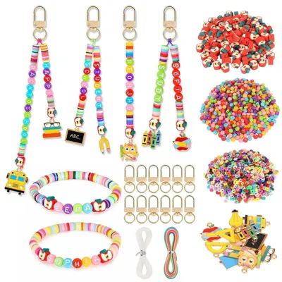 Produktbild von Schulanfang Bastelset Schlüsselanhänger & Armband mit Buchstaben- & Apfelperlen