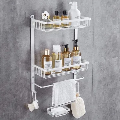 Imagen del producto de Estante de ducha Unyqoos®: Estante de ducha de 2 niveles fabricado en aluminio espacial, con 2 ganchos, soporte para toallas y jabonera, autoadhesivo (sin necesidad de taladrar), color plateado, capacidad de carga de 10 kg