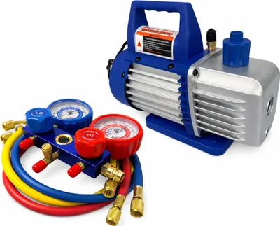 Obrázok produktu pre Vákuová pumpa pre klimatizáciu, jednostupňová, s manometrom, s 2 portmi, 60l/min, Gebo Tools
