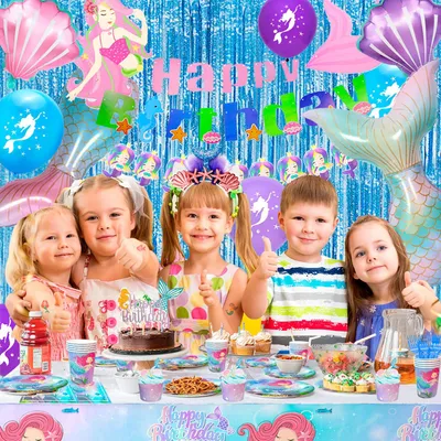 Produktbild von 16 Personen Geburtstagsdeko Set Meerjungfrau Partygeschirr Ballons Banner