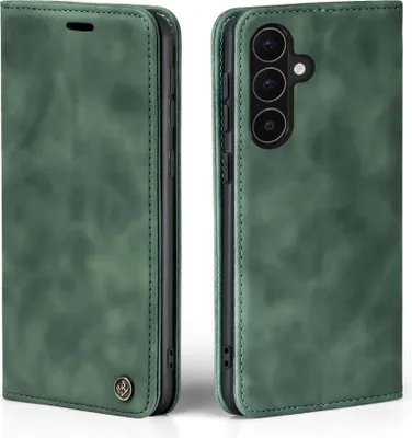 A green flip case for a smartphone is shown from two angles, open and closed.