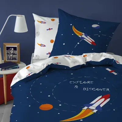 Produktbild von Weltall, Rakete, Planeten Bettwäsche Set 135x200 + 80x80 cm, 100% Baumwolle