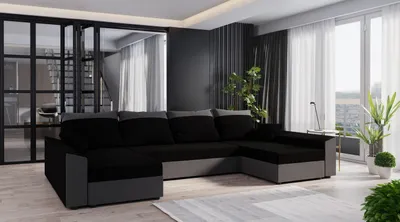 A modern living room with a large U-shaped sofa.