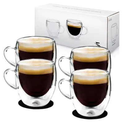 Produktbild von Espressotassen 80ml | 4er Set doppelwandige Espressogläser mit Henkel aus Borosilikatglas inkl. Filzuntersetzer | Spülmaschinenfest und hitzebeständig | Schwebeeffekt