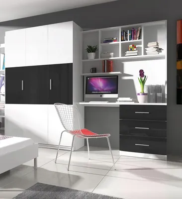 Produktbild von Jugendmöbel TOMI 3 Schrank/Regal mit Schreibtisch Kindermöbel Hochglanz Jugendzimmer (Weiß / Schwarz)
