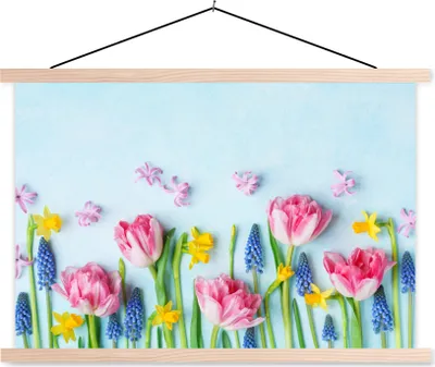 Produktbild von MuchoWow® Textilposter Stillleben - Blumen - Frühling 120x80 cm mit holzfarbenen Rahmen - Aufhängeset
