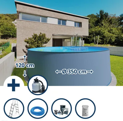 Produktbild von Stahlwandpool Set (7-teilig) hoch rund 350 x 120 cm, Stahl 0,4 mm anthrazit Folie 0,4 mm blau