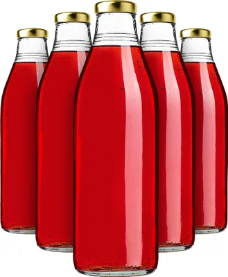 Zdjęcie produktu dla KADAX butelki na sok 1 litr, 5 sztuk, złote, szklane butelki z zakrętką fi43mm, puste butelki na przetwory, butelki na przetwory do napełniania sokiem i syropem
