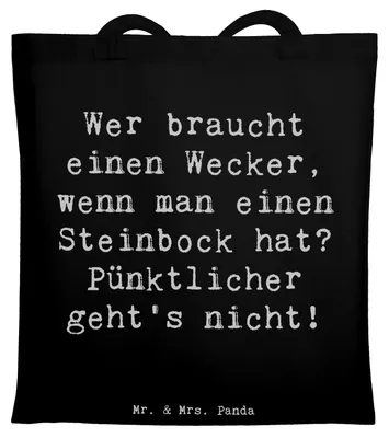 Produktbild von Mr. & Mrs. Panda Einkaufstasche Spruch Steinbock Wecker - Schwarz - Geschenk, Humor, Zuverlässigkeit, Tierkreiszeichen, Tote Bag, Tasche, Pünktlichkeit, Sternzeichen
