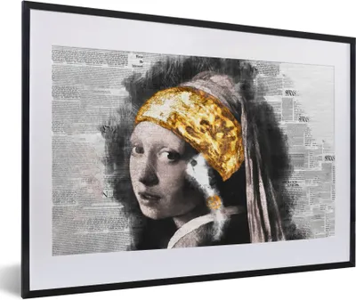 Produktbild von MuchoWow® Gerahmtes Poster Das Mädchen mit dem Perlenohrring - Vermeer - Collage 60x40 cm - Poster mit Schwarzem Bilderrahmen Wandposter Rahmen Foto Bilder - Schlafzimmer - Plakat in Rahmen - Drucken