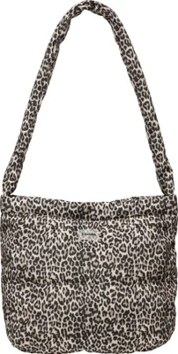 A leopard print tote bag on a white background.