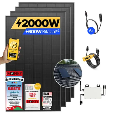 Produktbild von Balkonkraftwerk 2000W Solaranlage mit Ziegeldach Halterung (Einzelmont.) Steckerfertig Komplettset Photovoltaik Anlage 800W, Kabellänge: 10m, Solakon