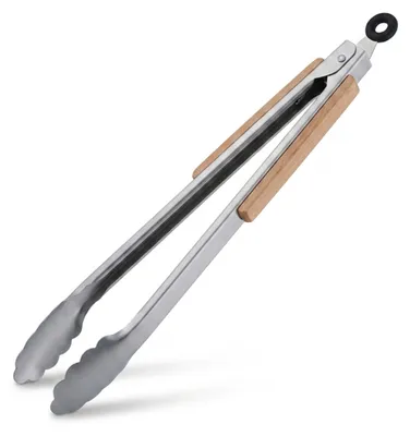 Produktbild von 6 x Grillzange, Edelstahl, mit Holzgriff, lange Kochzange für Grill & Küche, 38 cm, Küchenzange mit Öse, silber/natur