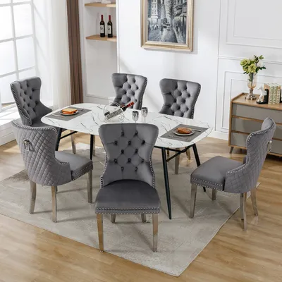 Immagine prodotto di okwish, set di 6 sedie da pranzo, ideali per la cucina, l'ufficio o la zona relax. Sedie imbottite con bottoni decorativi, gambe in metallo e rivestimento in velluto (grigio con motivo a chiodini)
