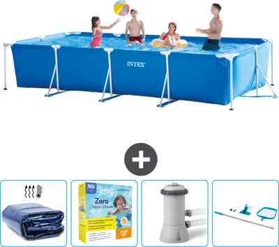 Obrázek produktu pro Bazén Intex s obdélníkovým rámem - 450 x 220 x 84 cm - modrý - včetně markýzy - balíčku pro údržbu - filtračního čerpadla pro bazén - čisticí sady