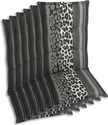 A stack of chair cushions with a leopard print pattern.