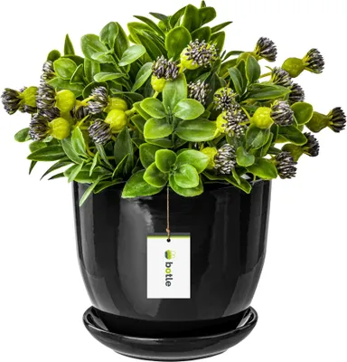 Produktbild von Keramiktopf Pflanztopf Blumenchale Übertopf Pflanzkübel handbemalt D 130 mm schwarz Keramik inkl. Untersetzer Wasserablaufloch