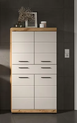 Produktbild von Scout Hochschrank Bad 4 Türen, 1 Schublade Kaschmir Nachbildung matt, Eiche Nachbildung.