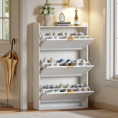 Produktbild von Flieks Schuhkipper schmal mit 3 Klappen, Schuhkommode für Flur und Wohnzimmer, Schuhkipper 76x23x118cm, Weiß