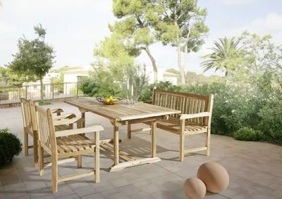 Produktbild von 4tlg. Gartengruppe Kuba aus Teakholz massiv, bestehend aus 1 x Gartentisch 180-240 x 100 cm + 2 x Gartensessel Caracas + 1 x Sitzbank Caracas, für Garten und Terrasse