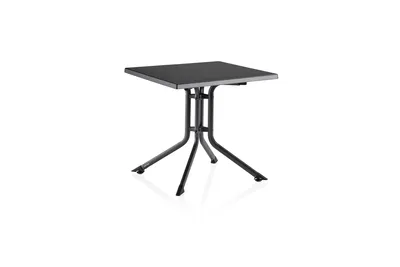 A square table with a dark top and a dark metal base, isolated on a white background.